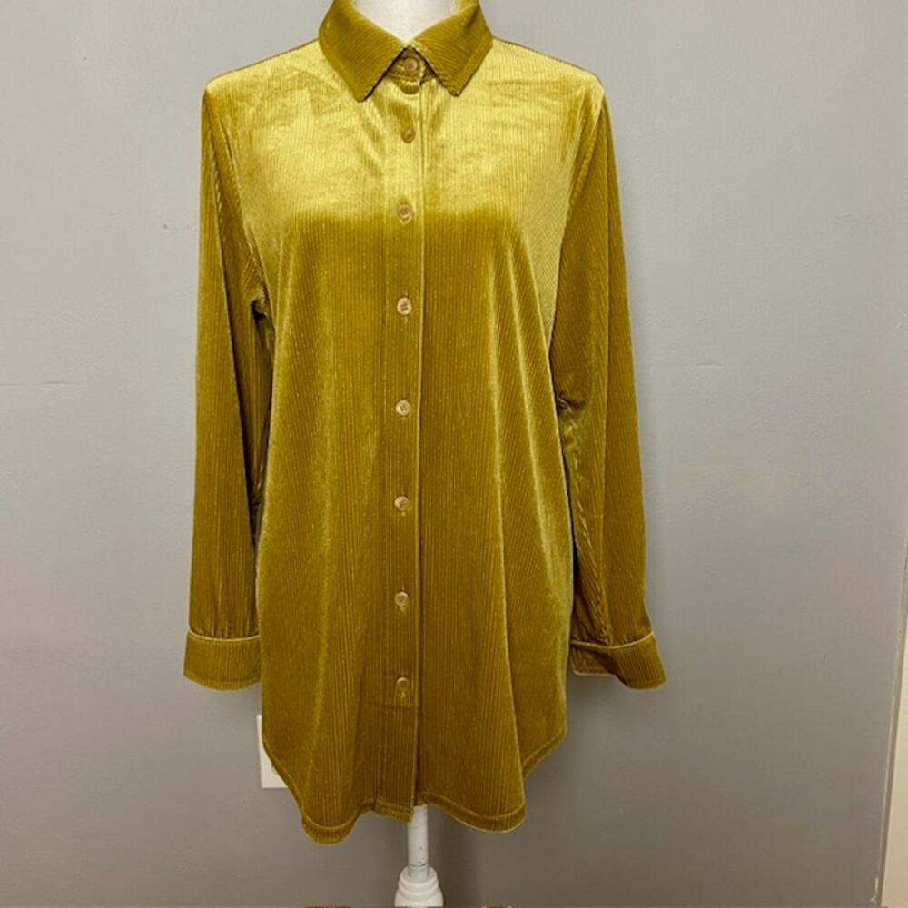 Soft Surroundings Gold Chartreuse Velvet Button Front Blouse Tunic Shirt M